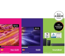 Marke: Samsung Bei TV- und Soundbar-Kauf: Samsung mit bis zu 4.000 Euro Rabatt - Streaming-Paket gratis, Bild 1 Heimkino Bei TV- und Soundbar-Kauf: Samsung mit bis zu 4.000 Euro Rabatt - Streaming-Paket gratis - News, Bild 1