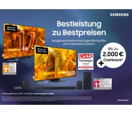 Marke: Samsung Noch bis zum 19. November: Cashback-Aktion von Samsung für Fernseher und Soundbars, Bild 1 TV Noch bis zum 19. November: Cashback-Aktion von Samsung für Fernseher und Soundbars - News, Bild 1
