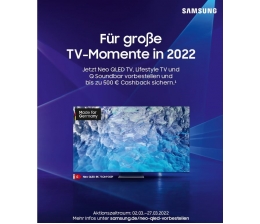 Samsung Noch bis zum 27. März: Cashback-Aktion beim Kauf ausgewählter 2022er TV-Modelle von Samsung, Bild 1 TV Noch bis zum 27. März: Cashback-Aktion beim Kauf ausgewählter 2022er TV-Modelle von Samsung - News, Bild 1