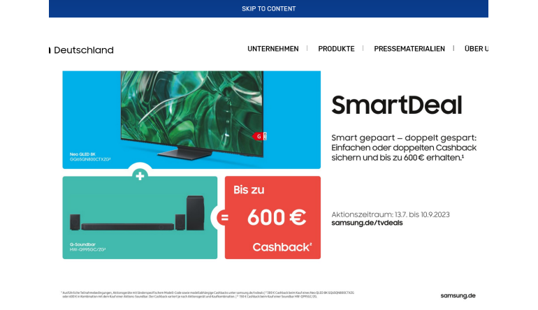Marke: Samsung Noch bis zum 10. September: Samsung mit Cashback-Aktion für Fernseher und Soundbars, Bild 1 TV Noch bis zum 10. September: Samsung mit Cashback-Aktion für Fernseher und Soundbars - News, Bild 1