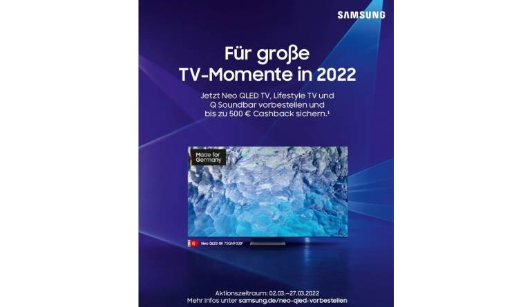 Samsung Noch bis zum 27. März: Cashback-Aktion beim Kauf ausgewählter 2022er TV-Modelle von Samsung, Bild 1 TV Noch bis zum 27. März: Cashback-Aktion beim Kauf ausgewählter 2022er TV-Modelle von Samsung - News, Bild 1